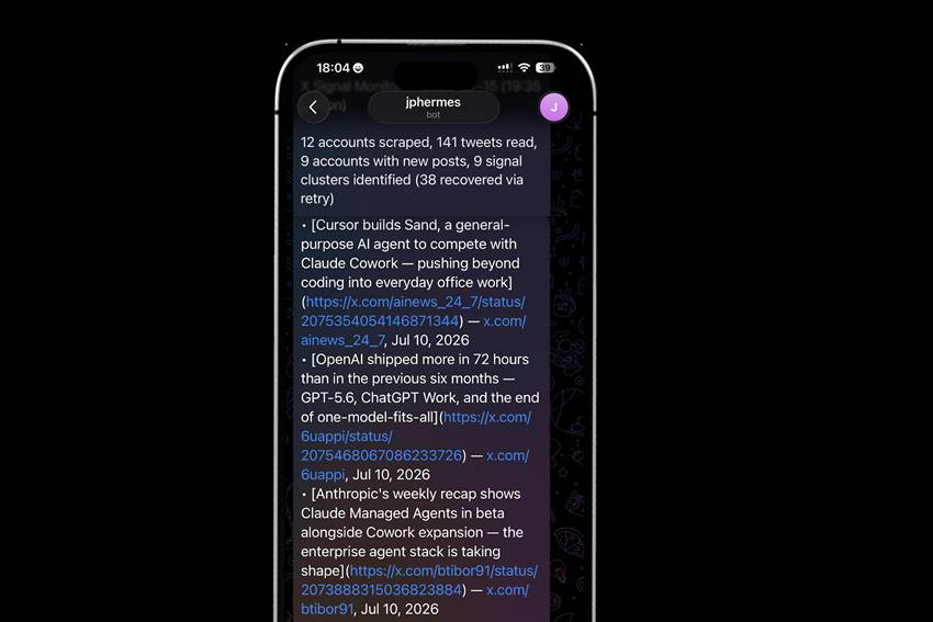 José Pedro Almeida's Hermes AI agent delivering a curated daily briefing from monitored X accounts
