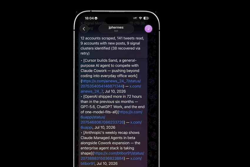 José Pedro Almeida's Hermes AI agent delivering a curated daily briefing from monitored X accounts