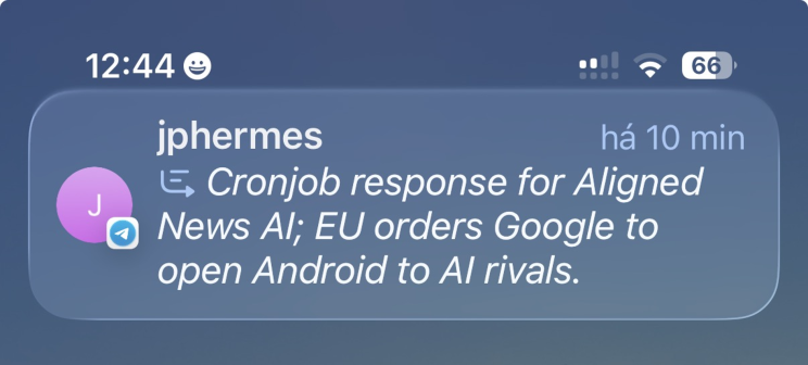 Hermes Agent sending a Telegram notification to José Pedro Almeida's phone when a task completes